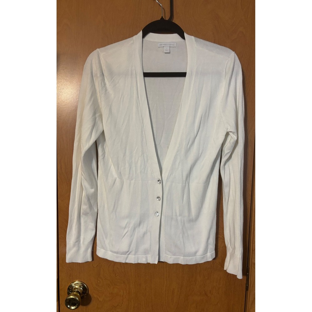 New York & Company White V-Neck Cardigan Sweater Ribbed Waist Medium